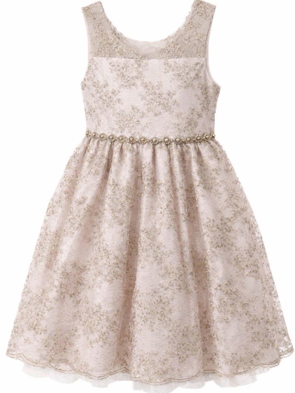 American Princess Champagne Lace & Glitter Jewel-Waist Party Dress